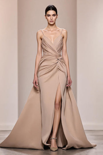 Champagne Satin Ruched Long Formal Dress with Slit